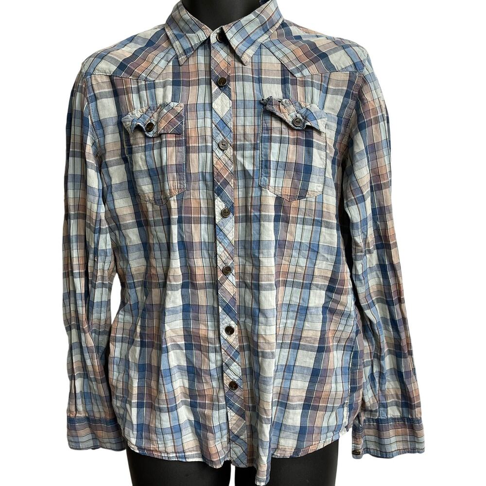 Y2K 90s Element Button Up Shirt Men L Blue Plaid Long Sleeve 100% Cotton Skater